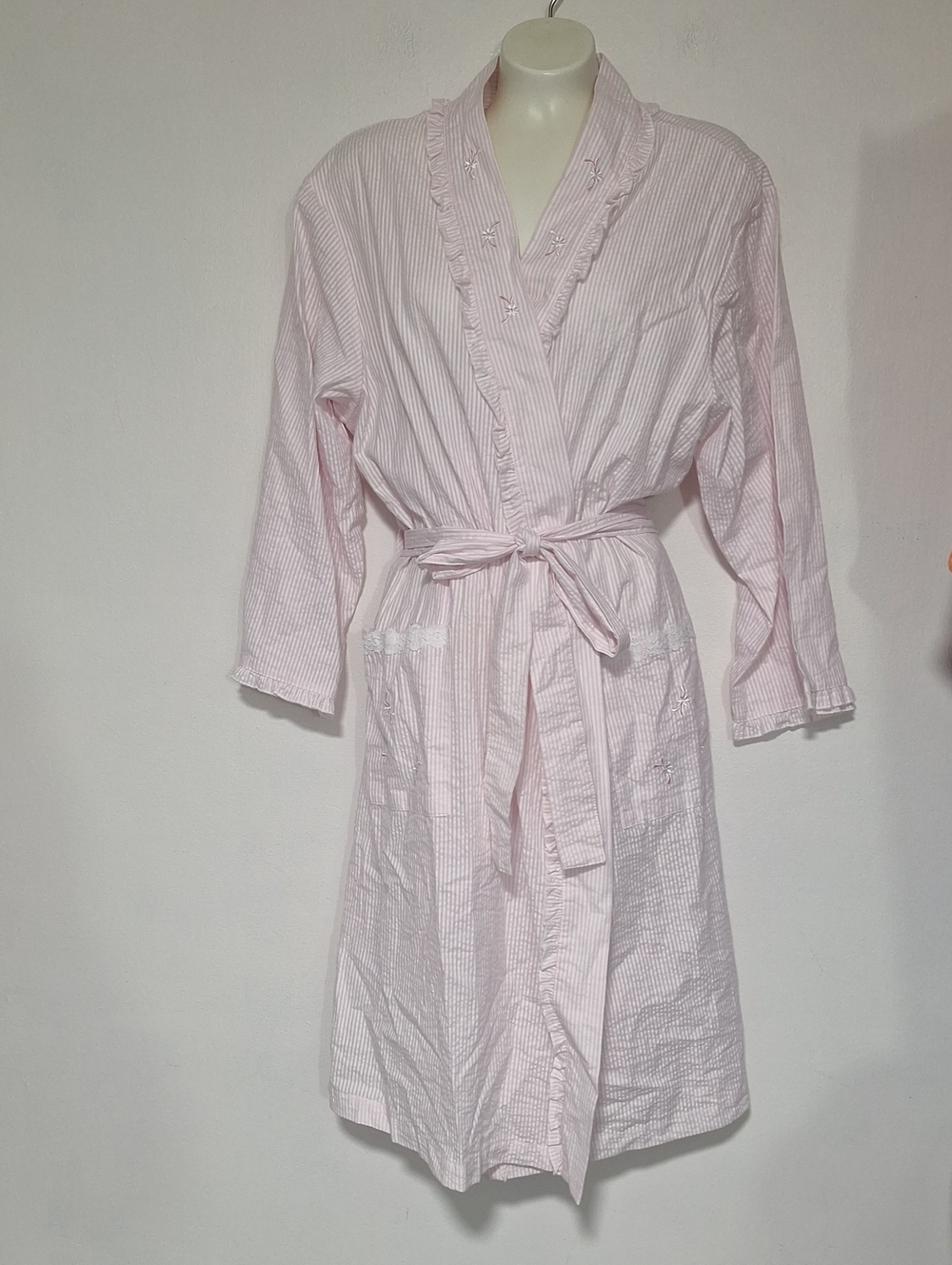 Miss Elaine Pink Striped Seersucker Robe with Embroidered Flowers